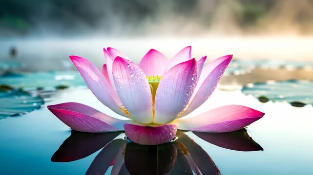 Time-lapse of a Lotus Flower Blooming on Water Surface at Sunrise