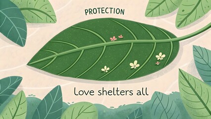 A large green leaf sheltering small flowers in nature