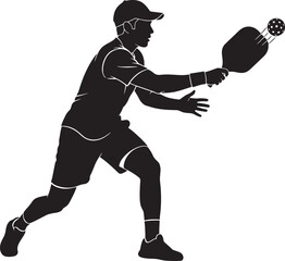 Illustration of baseball player silhouette with ball and bat on white background.