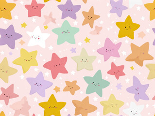 Cute pastel stars with smiling faces on pink background create cheerful and whimsical pattern. stars are in various colors, including yellow, green, purple, and pink, adding playful touch