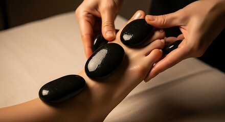 Therapist Gently Places Warm Basalt Stones on a Clients Hand and Arm During a Relaxing Spa Massage.