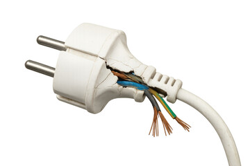 Electrical plug showing exposed wires and danger of short circuit, damaged appliance with broken cable, transparent background