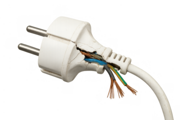 Electrical plug showing exposed wires and danger of short circuit, damaged appliance with broken cable, transparent background