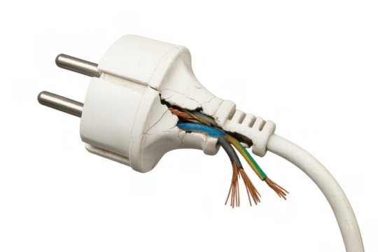 Electrical plug showing exposed wires and danger of short circuit, damaged appliance with broken cable, transparent background