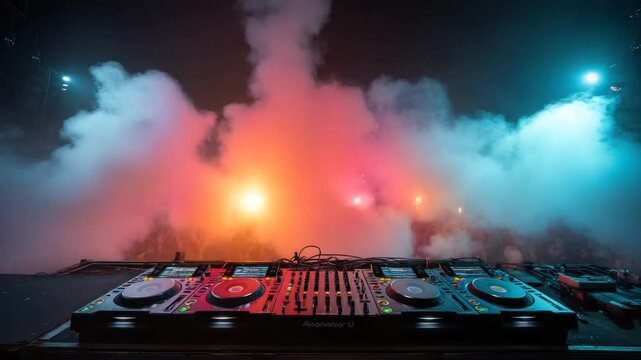 A DJ setup at a concert bathed in red and blue light, billowing smoke with a blurred crowd
