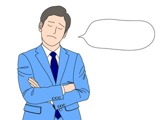 腕組みして考えるサラリーマンの上半身正面のイラストと吹き出しマーク モノクロ