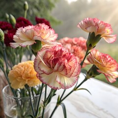 Close up of vibrant carnations in a glass vase showcasing delicate petals and stems against a soft natural light backdrop creating a serene floral arrangement