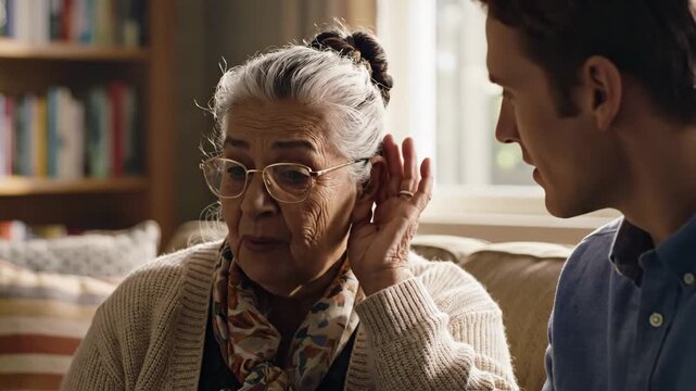 Senior Woman Experiencing Hearing Loss - An elderly woman with glasses is shown touching her ear, conveying a sense of hearing difficulty and concern.