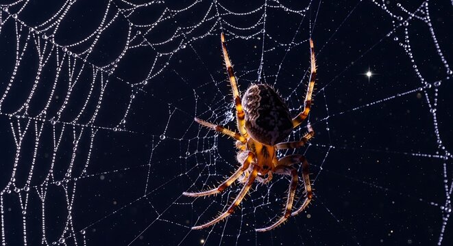 Dramatic spider on dew-kissed web at night for Halloween or nature themed projects or spooky design elements