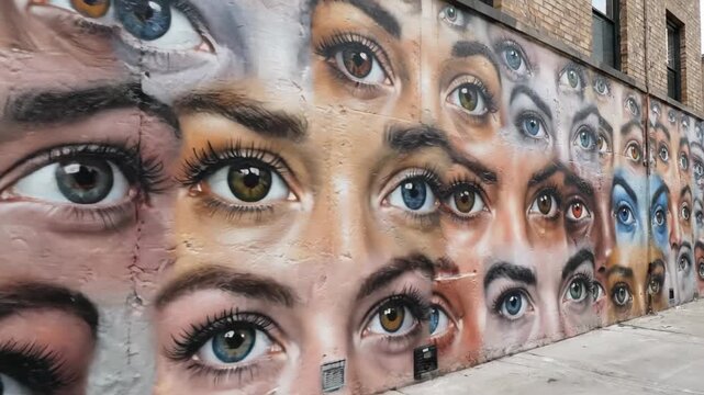 Street wall eyes representing mindful observation. urban facade gaze awareness perception attentiveness contemplation mindfulness.