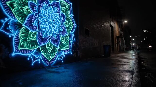 Urban night scene glowing graffiti mandala light. metro nocturnal vista radiant street art geometric pattern illumination.
