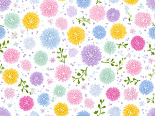 Colorful floral pattern with various pastel flowers and green leaves on white background, creating cheerful and vibrant design