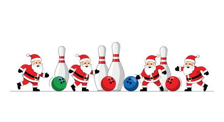 Joyful Santas enthusiastically bowling strikes and spares for festive holiday fun