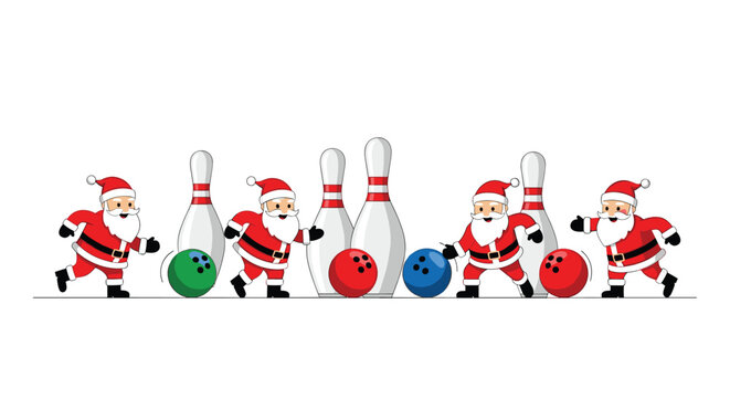 Joyful Santas enthusiastically bowling strikes and spares for festive holiday fun