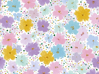 Colorful floral pattern with pastel flowers and polka dots on white background, creating cheerful and vibrant design. flowers are in shades of pink, purple, yellow, and blue
