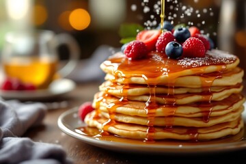 Stack of Pancakes With Fresh Berries and Maple Syrup Drizzling Down