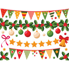 Christmas bunting garlands, holly branches, baubles and stars, triangular flags, ribbon bows, decorative borders set, party banner vector