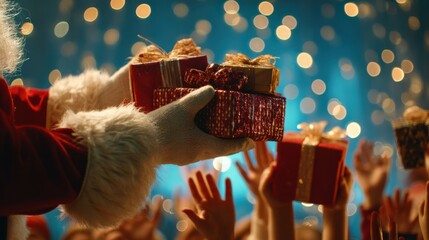 Naklejka na ściany i meble Santa Claus handing out Christmas presents to excited children — festive holiday celebration with lights and gifts Naklejka na ściany i meble Santa Claus handing out Christmas presents to excited children — festive holiday celebration with lights and gifts
