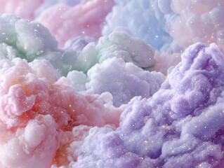 Colorful pastel clouds with dreamy, ethereal feel are adorned with sparkling stars, creating whimsical and magical atmosphere. soft hues blend seamlessly, evoking sense of wonder and tranquility