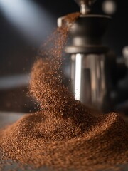 Freshly Ground Coffee Beans Falling From A Coffee Grinder Machine