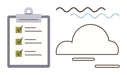 Task checklist on clipboard with green checkmarks and stylized cloud design. Ideal for productivity, cloud computing, project planning, task management, data storage, workflow, simple flat metaphor