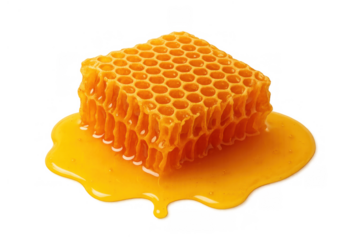 Golden honeycomb dripping raw natural honey, organic sweet beeswax food with transparent background