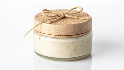 Small glass jar with wooden lid and twine bow on white background