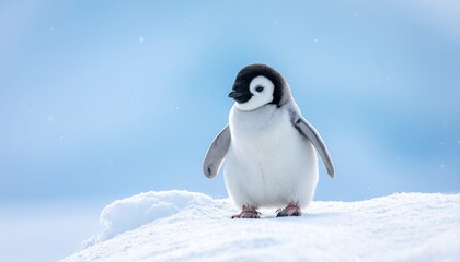A cute baby emperor penguin chick standing alone on the pristine white snow of Antarctica