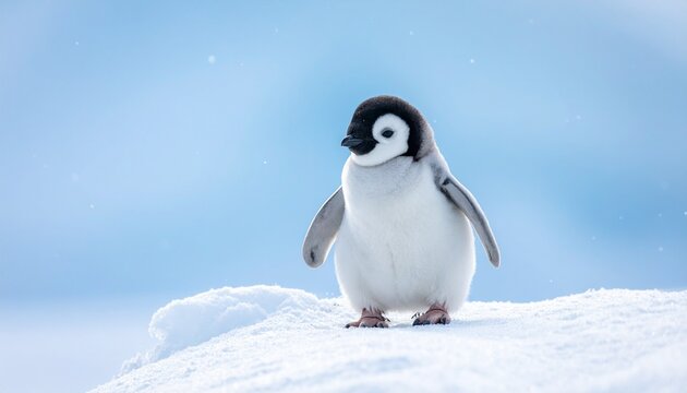 A cute baby emperor penguin chick standing alone on the pristine white snow of Antarctica - Powered by Adobe