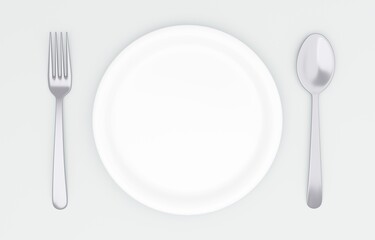 3Dイラスト_皿とカトラリー_白