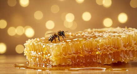 A bee rests on a golden honeycomb dripping with honey, illuminated by soft, bokeh-filled background.