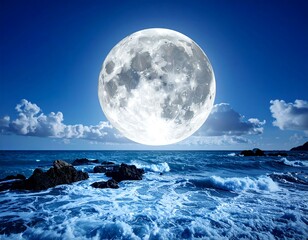 A large, full moon shines over ocean waves, dark rocks, and clouds