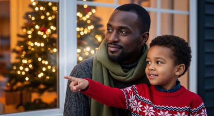 Happy father and son looking out during the Christmas holiday season