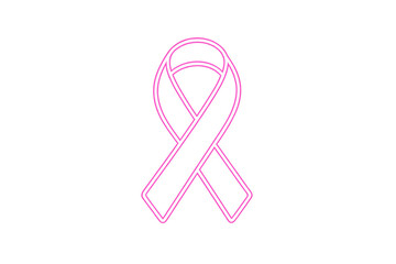Pink neon ribbon representing breast cancer awareness, support, and hope, glowing light sign on transparent background