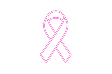 Pink neon ribbon representing breast cancer awareness, support, and hope, glowing light sign on transparent background