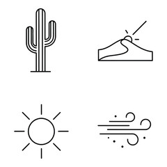 Simple outline vector icons for desert elements cactus sun sandstorm and dunes