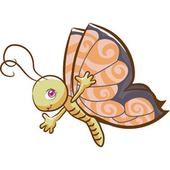 Pixel Art Cute Cartoon Butterfly With Orange Swirl Wings And Pink Eyes Isolated On White Background