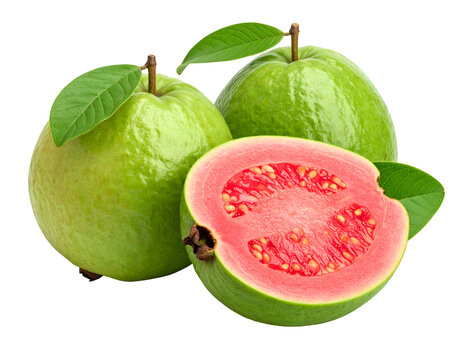 whole and half red guava isolated on transparent png