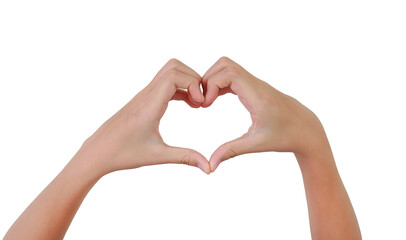 Fototapeta premium Hands making sign heart by fingers isolated on white studio background. Image with Clipping path.