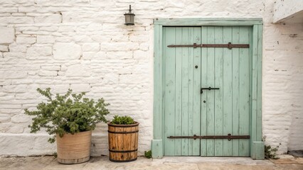 Rustic mint green door against white brick wall with potted plant