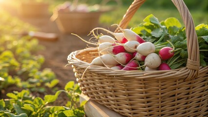 Freshly harvested radishes in a woven basket at sunrise