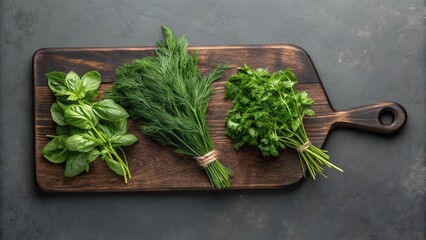 Fresh herbs basil dill parsley arranged on a wooden cutting board