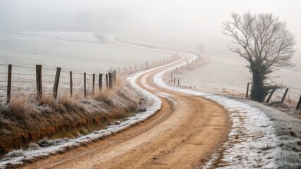 Winding dirt road through a frosty rural landscape with a lone tree
