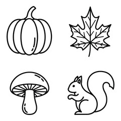 Outline vector icons of autumn elements pumpkin leaf mushroom squirrel