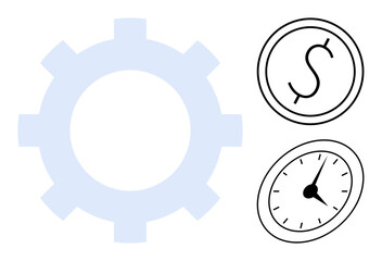 Gear, dollar sign, and clock emphasizing time management, cost efficiency, and workflow optimization. Ideal for business, productivity, process improvement, time value economics finance corporate