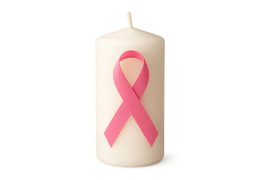 Pink ribbon on white candle representing breast cancer awareness, support, hope, and charity, transparent background
