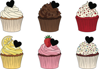 Cupcake illustration set with heart toppers, colorful dessert icons, romantic sweet treat clipart, Valentine bakery graphic design elements