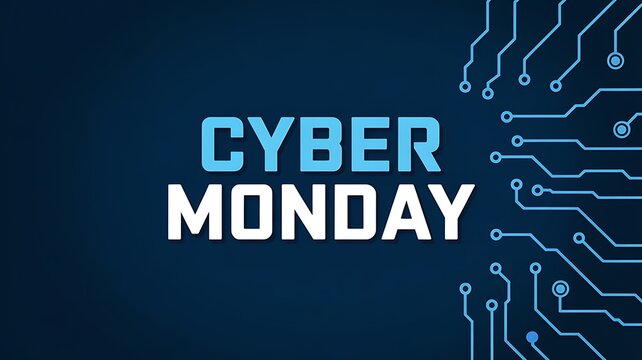Cyber monday digital technology concept with glowing blue circuit board lines and futuristic text on a dark blue background - Powered by Adobe