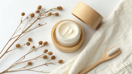 Natural skincare cream with dried botanicals and linen towel