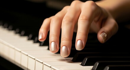 Obraz premium Musicians Hand on Piano Keys - Elegant Performance, Close-up Detail.